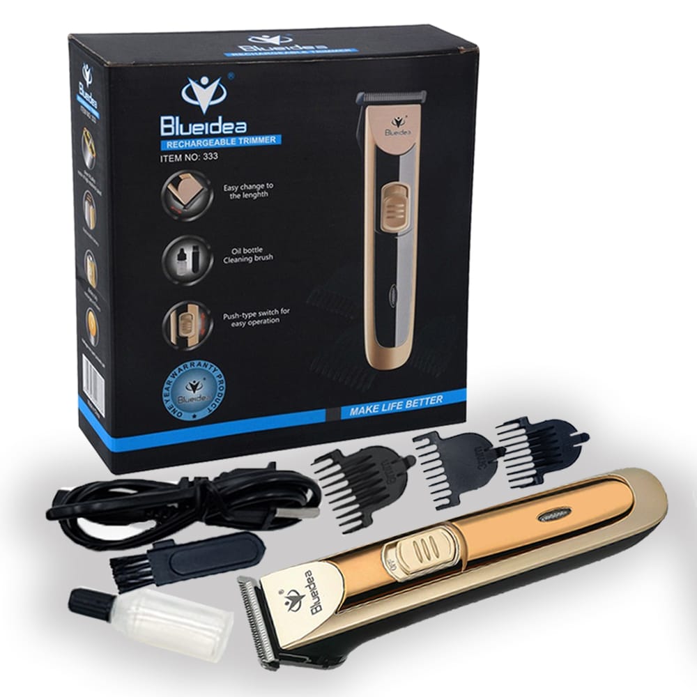 Bluedea rechargeable trimmer with packaging and accessories on a white background