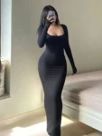 Long Sleeve Bodycon Maxi Dress – Minimalist Slim Fit for Women